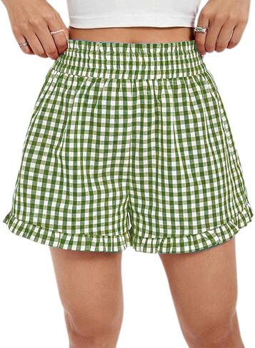 Y2k Womens Ruffle Boxer Shorts Plaid Gingham Print Lounge Pajama Shorts Cute Striped Checkered Pj Bottoms Sleep in Saudi Arabia