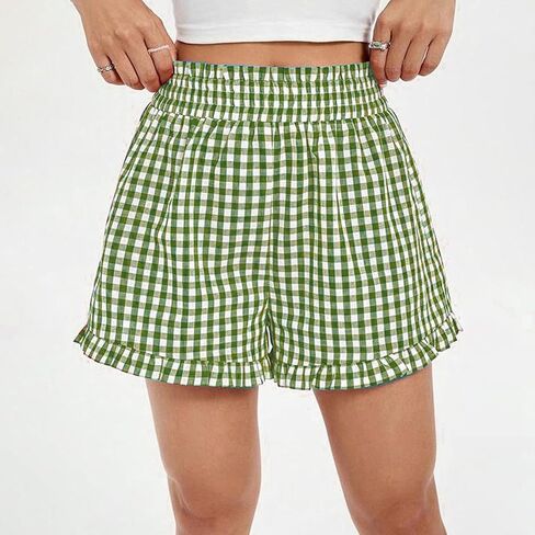 Y2k Womens Ruffle Boxer Shorts Plaid Gingham Print Lounge Pajama Shorts Cute Striped Checkered Pj Bottoms Sleep in Saudi Arabia