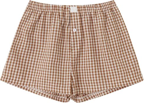Y2k Plaid Shorts Baggy Boxer Shorts for Women Elastic Waist Casual Lounge Bottom Gingham Pajama Shorts Sleepwear in Saudi Arabia