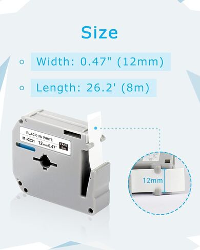 شريط بديل PT-45 PT-65 PT-M95 PT-70BM لـ Brother P-Touch M-K231s M-231 MK231 12 مم 0.47 إعادة التعبئة، لطراز صانع الملصقات PT-55 PT-80 PT-90، أسود على أبيض، 6 -علية in Kuwait