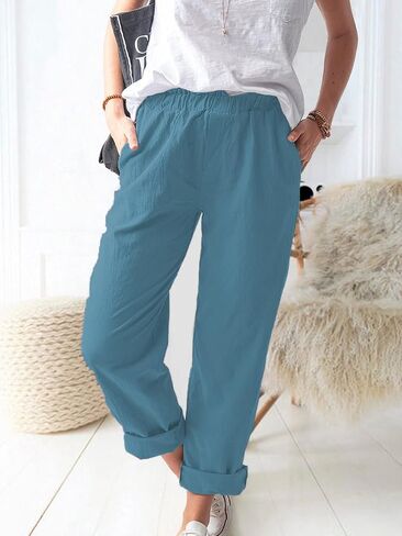 Women's Straight Pants Elastic Waist Casual Trousers Pants with Pockets in Saudi Arabia