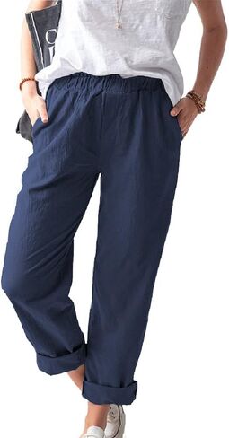 Women's Straight Pants Elastic Waist Casual Trousers Pants with Pockets in Saudi Arabia