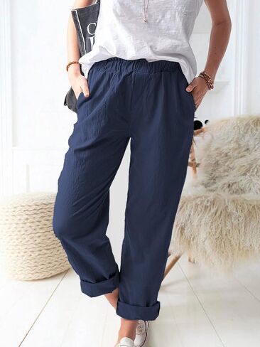 Women's Straight Pants Elastic Waist Casual Trousers Pants with Pockets in Saudi Arabia