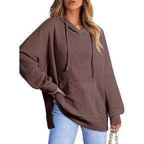 Dokotoo Oversized Hoodies for Women Casual Long Sleeve Waffle Knit Drawstring Side Slit Pullover Sweatshirts with Pocket