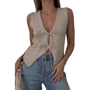 Bocymolay Tie Front Knit Vest Top for Women Y2k V Neck Sleeveless Crochet Vest Crop Top Going Out Streetwear