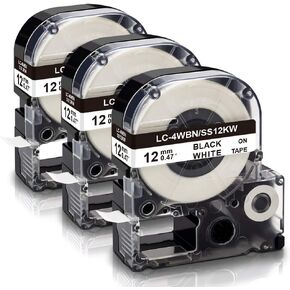 Absonic Compatible for Epson Label Maker Tape LK-4WBN LC-4WBN LC 4WBN9 SS12KW 12mm 1/2" Black on White 0.47" Label Tape Work for Epson LabelWorks LW300 LW400 LW500 LW700 LW-K200PX Label Maker, 5-Pack
