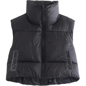 Womens Cropped Zip Up Puffer Vest Stand Collar Sleeveless Padded Vest Jacket Lightweight Outerwear
