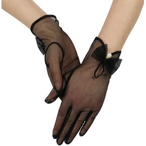 Women Bow Tulle Gloves with Pearls Short Mesh Tea Party Gloves Wedding Bridal Prom Formal Accessories