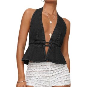 Women Sexy Deep V Neck Halter Denim Tank Top Tie Up Back Solid Color Backless Jean Vest Strapless Cropped Top