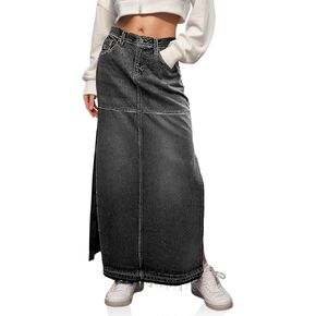 Cicy Bell Womens Long Denim Skirt Casual Frayed Raw Hem Side Split Vintage Jean Long Skirt with Pockets
