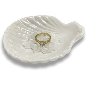 Seashell Trinket Dish Tray, Ceramic Shell Shape Ring Holder Dish, Cute Jewelry Dish Tray for Rings Earrings Necklaces Bracelet, Pink Iridescent