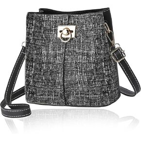 Cross Body Bucket Bag for Woman,Small Two Tone Leather Crossbody Purse,Quick Open Summer Woven Shoulder Handbag
