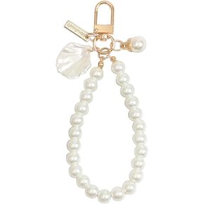 White Heart Pearl Keychain Phone Chain Pendant Shell Pearl Bag Keyring Hanging Ornament Car Key-Holder Decor Women's Keyrings and Keychains