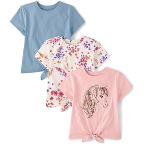 The Children's Place Girls' Short Sleeve Tie Front Top, Horse/Blue/Daisy 3-Pack