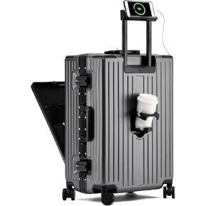 YUNASAY Aluminium Frame Carry on Luggage with Spinner Wheels and TSA Lock, PC Hardside Suitcase with Front Pocket, USB Port, Cup Holder& Phone Holder(White, 20 inch)