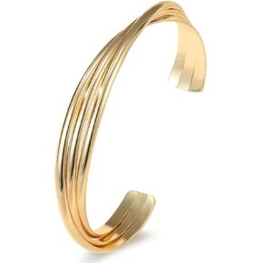 Gold Cuff Bracelets for Women, Chunky 14K Gold Plated Twisted Wire Open Bangle Bracelets 3 Layers Gold Cuff Wrap Bracelet