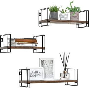 J JACKCUBE DESIGN Torched Wood Floating Shelves, Set of 3 Wall Mounted Hanging Shelves with Black Wire Frames for Bedroom. Living Room, Kitchen, Bathroom and Office - MK696B