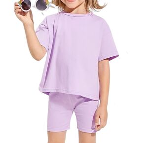 ROMPERINBOX Toddler Summer Outfits for Girls Solid Crewneck Top T-Shirt & Biker Shorts Set 2 Piece Tracksuit Size 2-7 Years