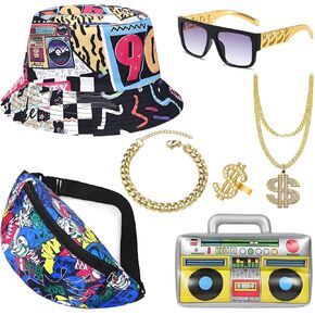 80s 90s Outfits Accessories Hip Hop Costume Kit for Women Men Rapper Rocker Disco Halloween Cosplay