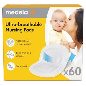 Medela Safe & Dry Ultra Thin Disposable Nursing Pads, 60 Count Breast Pads for Breastfeeding, Leakproof Design, Slender and Contoured for Optimal Fit and Discretion(Pack of 1)