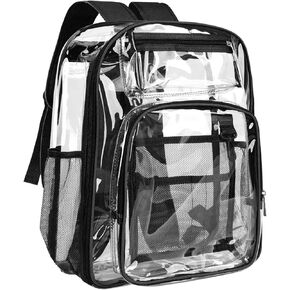 Clear Backpack, Large Heavy Duty PVC Transparent Backpack for Kids and Adults, See Through With Reinforced Straps Clear Bookbag for School, Sports, Work, Travel, black