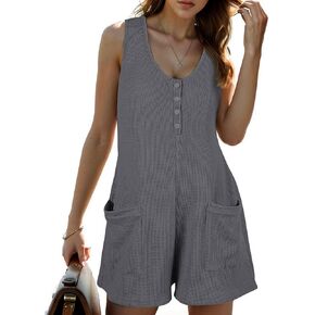 PrinStory Womens Summer Casual Romper Sleeveless Waffle Knit Jumpsuits for Woman Short Rompers with Pockets