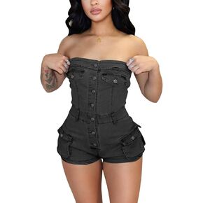 Womens Tube Denim Romper Sexy Bodycon Strapless Backless Cargo Shorts Summer Stretch Jean Jumpsuit Clubwear