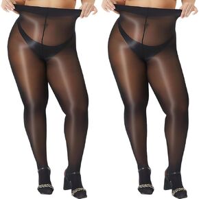 2 Pairs Pantyhose for Women Plus Size, Oil Shiny Sheer Tights, High Waist Shimmer Stockings for Women Sexy