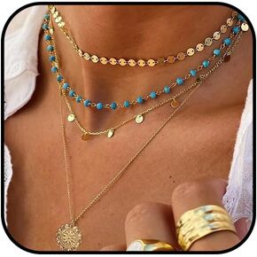Layered Boho Necklace for Women Gold Turquoise Necklace Coin Pendant Necklace Bohemian Stack Choker Necklace Country Outfits Accessories Jewelry