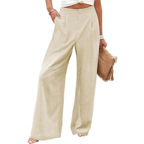 Womens Casual Linen High Waist Wide Leg Pants Palazzo Boho Flowy Beach Vacation Lounge Trousers with Pockets