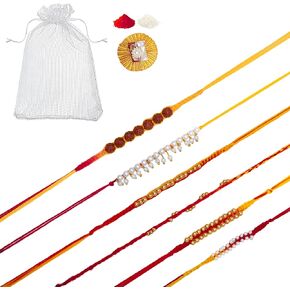 Set of 6 Rakhi for Brother Bhabhi and Bhatija Bhai Bhaiya Raksha Bandhan gift Rakhi Thread Rakhi with Roli Chawal and Greeting card gift pack in pouch/Potli bag
