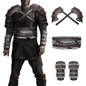 HiiFeuer من الجلد الصناعي من العصور الوسطى بولدرون مزدوج مع حزام عريض بربري وواقي للذراع من الشمال، زي فارس المرتزقة العتيق in Kuwait