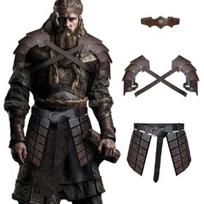 HiiFeuer Medieval Faux Leather Double Pauldron with Double Sides Thigh Armor and Embossed Headpiece, Retro Renaissance Cosplay Costume