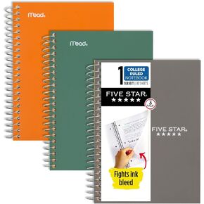 Five Star Spiral Notebooks, 3 Pack, 1 Subject, College Ruled Paper, 7" x 4-3/8", Personal Size, 80 Sheets, Black, Blue, Purple (450048C-ECM)