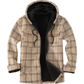 Men's Zip Up Fleece Flannel Jackets Plaid Cotton Shirt Hoodie Warm Soft Winter Coats for Men with Hood