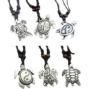 COLORFUL BLING 6Pcs Handmade Carved Sea Turtles Tortoises Pendant Necklaces Rope Chain Resin Beach Ocean Animals Necklace Jewelry for Mens