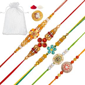 Set of 5 Rakhi for Brother Bhabhi and Bhatija Bhai Bhaiya Raksha Bandhan gift Rakhi Thread Rakhi with Roli Chawal and Greeting Card Gift Pack in Pouch/Potli bag