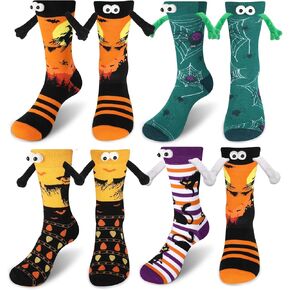 4 Pairs Halloween Socks for Women Men,Funny Holding Hands Socks Magnetic Novelty Colorful for Boys Girls Teens Halloween Christmas Party Gifts,Bats Pumpkins Ghosts Cute Print