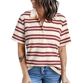 Dokotoo Womens Summer Tops Trendy V Neck Short Sleeve Polo Shirts Casual Striped Blouses Tops