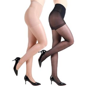 2 Pairs Sheer Tights for Women- 20 Denier Control Top Pantyhose S-XL Black Nude