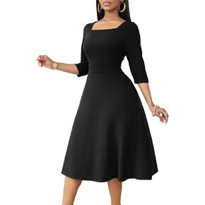 فساتين Nmoder متوسطة الطول للنساء على شكل حرف A مناسبة ومتوهجة، 3/4 كم، رقبة مربعة، فستان زفاف كوكتيل مع جيوب in Kuwait