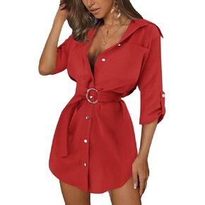 LYANER Women's Collar V Neck Belted High Low Roll Half Sleeve Pocket Front Office Mini Dress