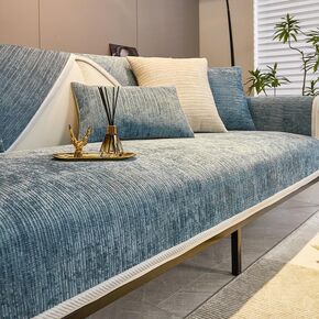Fuzzy Pet Couch Covers for Sofa,Simple Striped Chenille Anti-Scratch Couch Cover,Chenille Couch Covers for Pet,Chenille Couch Cover Non Slip Solid Textured Couch Covers,Blue-28"x59"