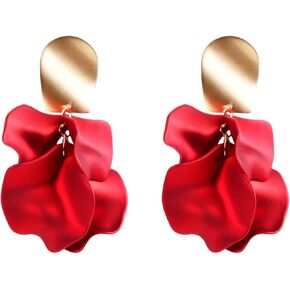 Red Flower Dangle Earrings Acrylic Petals Earrings Long Fringe Rose Flower Drop Earrings Large Statement Resin Floral Earrings for Women Teen Girls