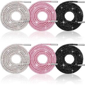 Bling Rhinestone Shoe Laces, 6Pcs Round Sweatshirt Drawstring Replacement in 3 Colors, Crystal Glitter Rope for Sneakers Pants Shorts