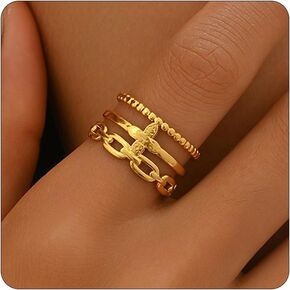 Rings for Women 18K Gold Plated Stackable Rings Dainty Evil Eye Flower Chevron Stars Sun Moon Adjustable Open Ring Jewelry Gift