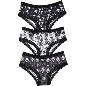 WDIRARA Women's 3 Pack Set Graphic Print Lace Trim Panties High Waist Underwear Briefs