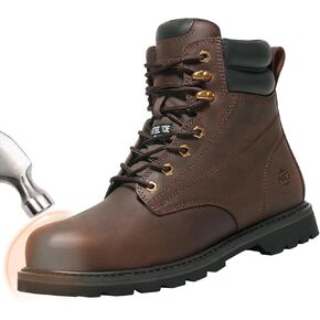Steel Toe Work Boots for Men, Comfortable Leather Industrial & Construction Boots, Oil & Water Resistance Anti Slip Safety Boots with EH Protection, for Outdoor Factories Warehouses Farms