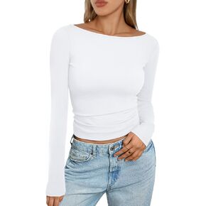 Trendy Queen Women's Long Sleeve Shirts Going Out Boat Neck Tops Slim Fitted Tshirts Tight Y2k Outfits