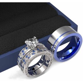 3pc Couples Wedding Ring Sets His And Hers Women Sterling Silve Heart Moissanite and Men Titanium steel Wedding Bands Together With Jewelry Box
